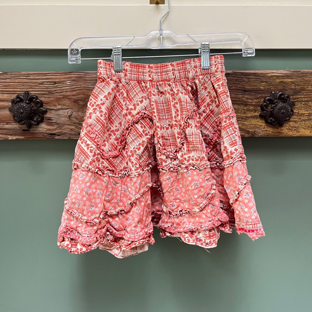 Oilily Girls Coral Red Mixed Floral Tiered Ruffle Skirt Size 4-5Y Elastic Waist